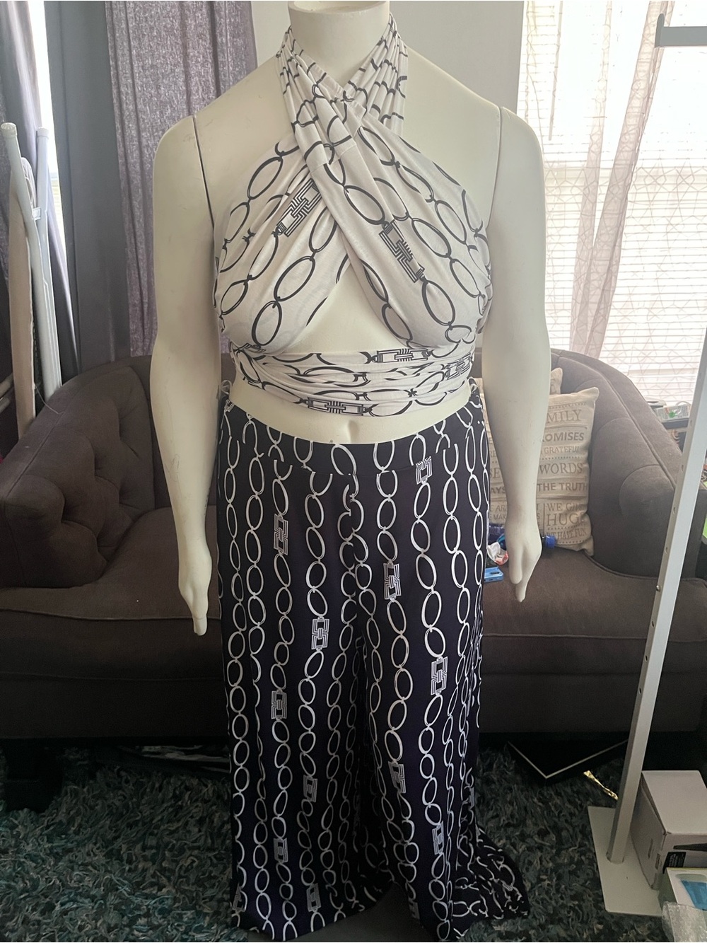 Good Time Navy Halter Wrap Top with White Chain Print Pants Set